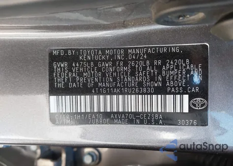 2024 Toyota Camry Se from USA, damaged, VIN 4T1G11AK1RU263830